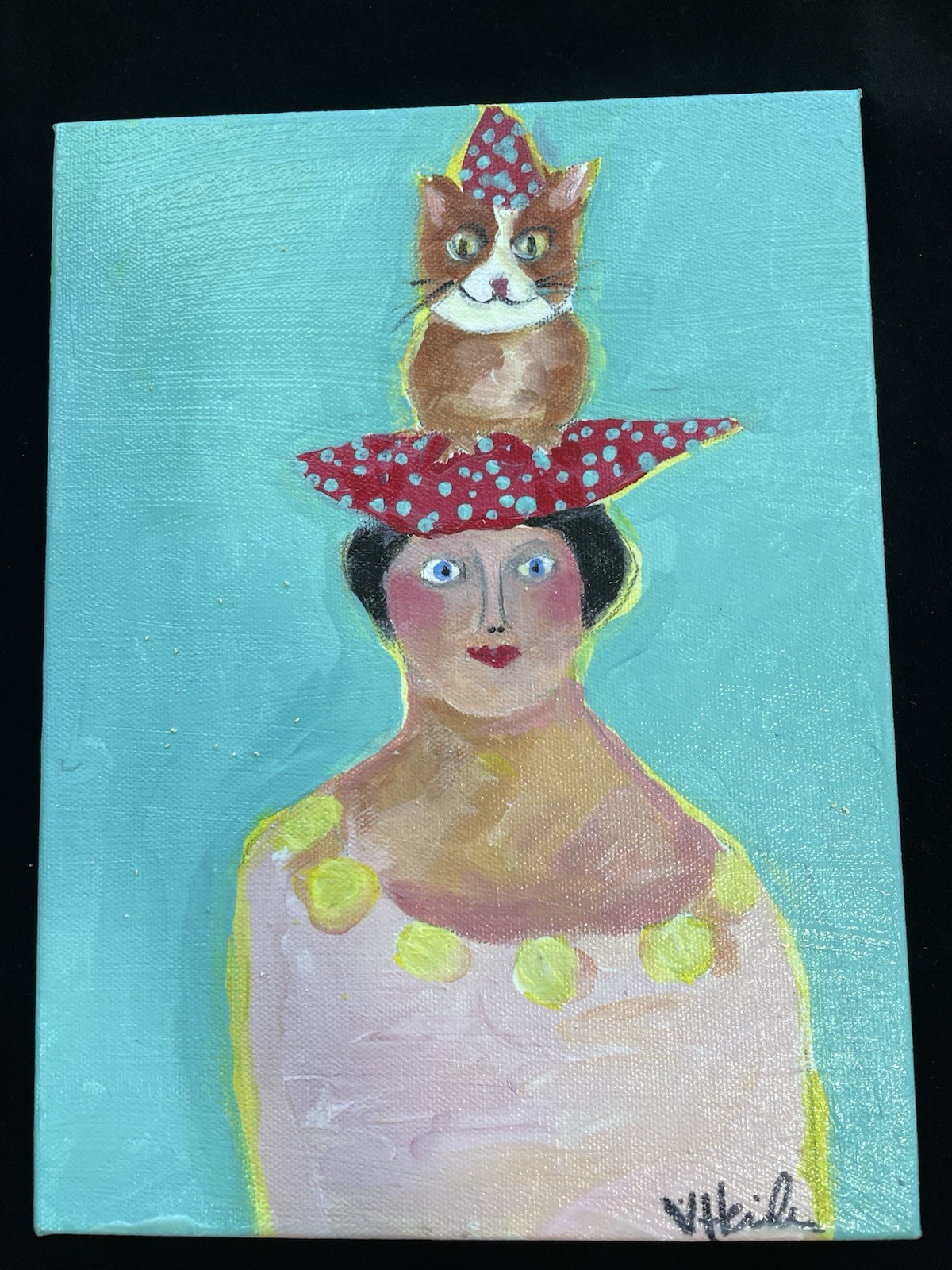 “Companions”Original Acrylic Painting 12”x 9”x1.5”on Canvas Lady &Cat Handmade