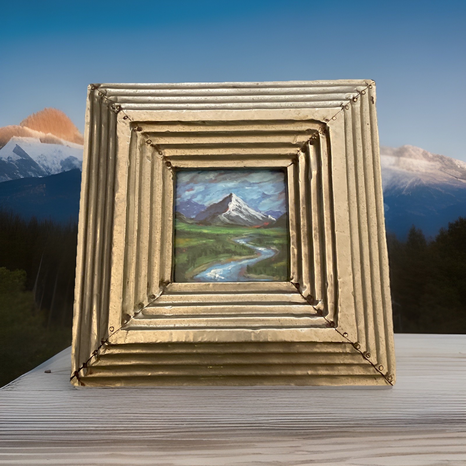 Vntg Small Landscape Painting Original Mountain River Handmade Metal Frame