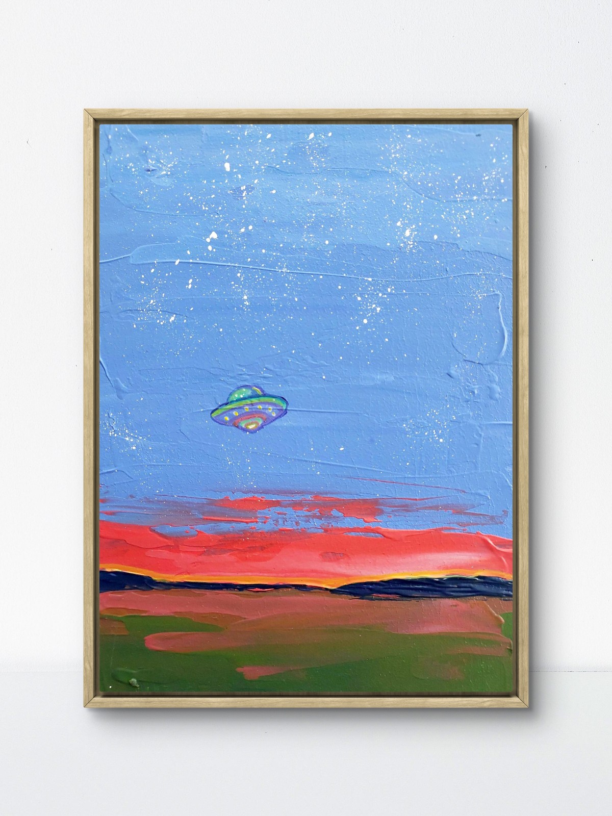 Original UFO Painting Retro Sci Fi Night Abstract Landscape Sunset Country Art