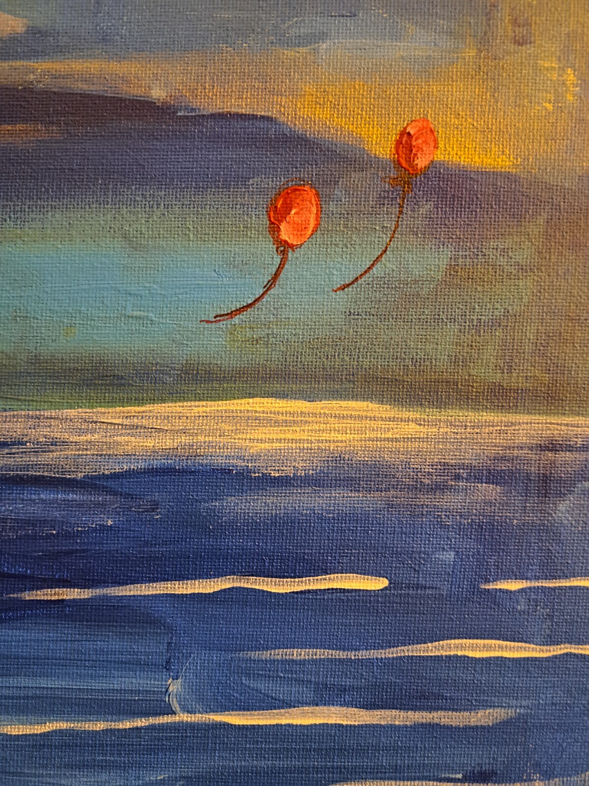 Original acrylic ink «Red Balloons at Beach» Beachscape 14×11 Limited 1/1 Signed