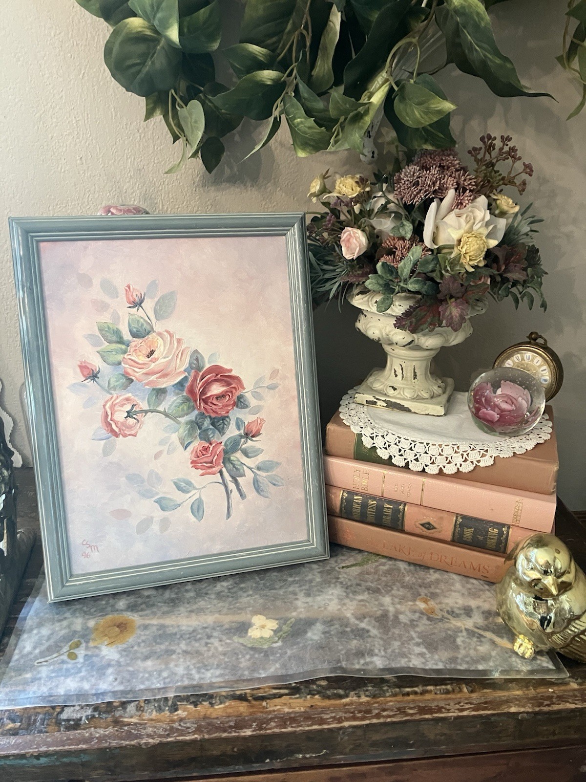 Vintage Signed Cottage Roses Floral Bouquet painting Shabby chic decor 14 X 10