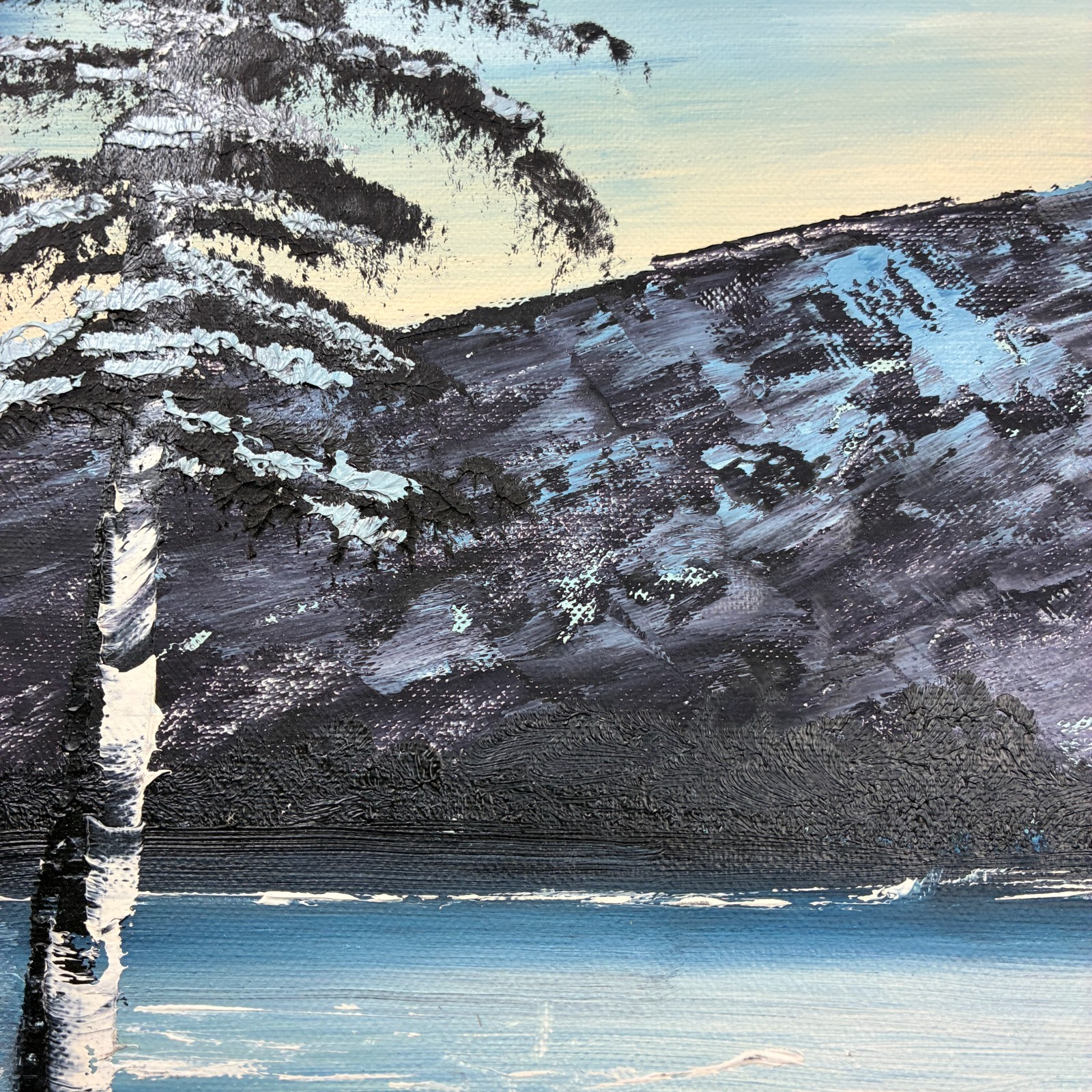 Winter Mountain Lake Original Painted Oil on Canvas Board 20×16 Unframed Signed