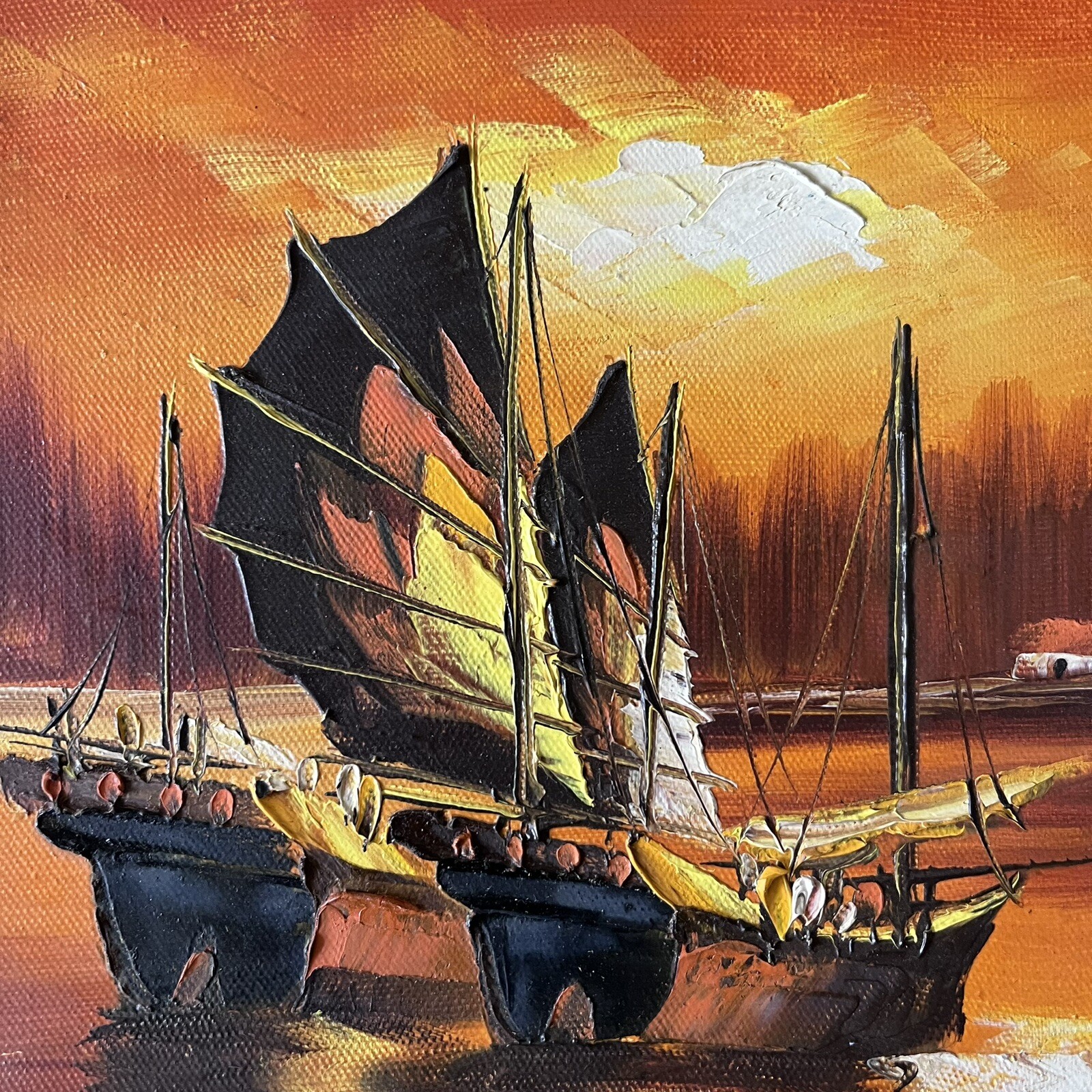 Vintage Framed Oil Painting on Canvas Sailboats Signed By P. T. Lam 17.5”x14.5”
