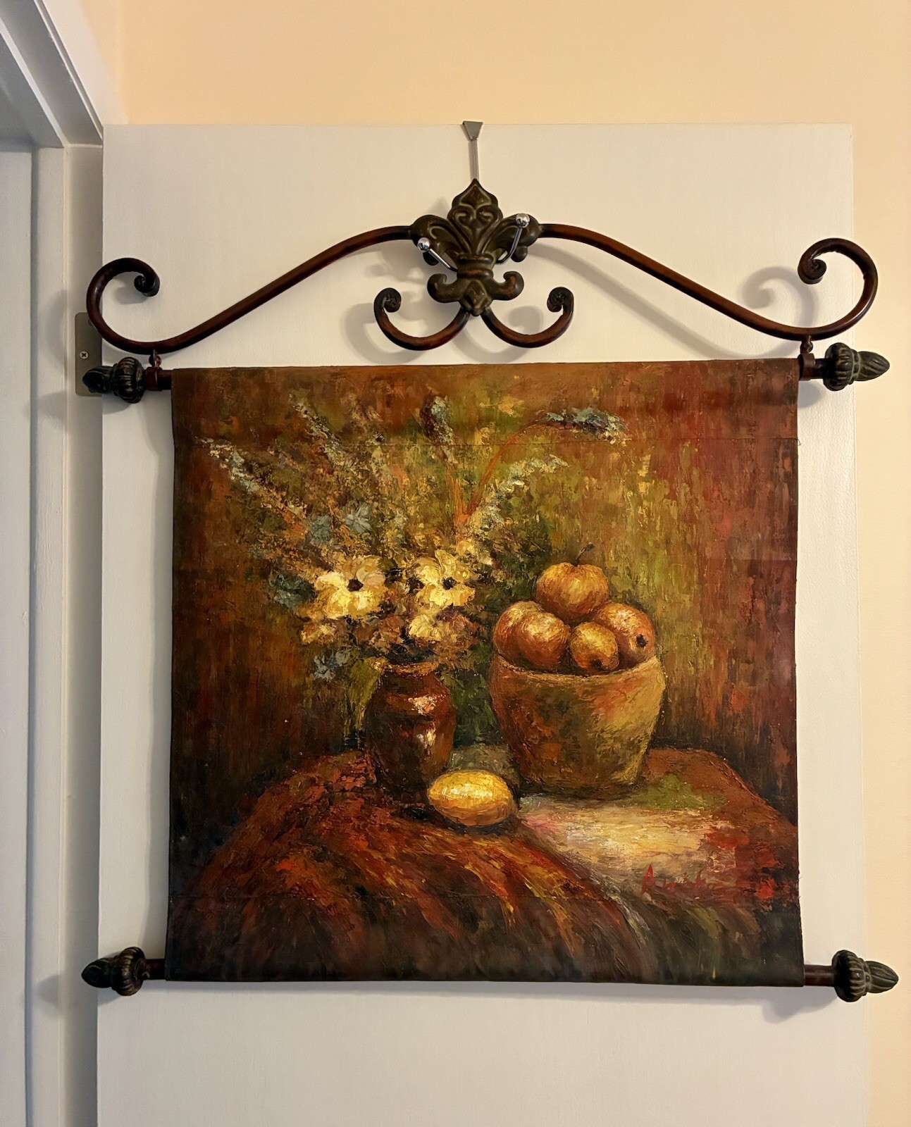 Wrought Iron Wall Hanging Hand Painted Oil Canvas Flower Fruit Scene 30” x 31”