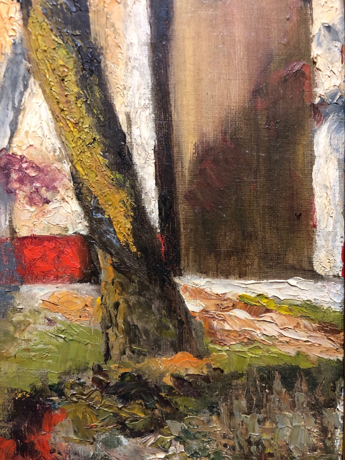 Primitive Painting Door Shadow Trees Small Moody Impressionist Signed Kitty 1961