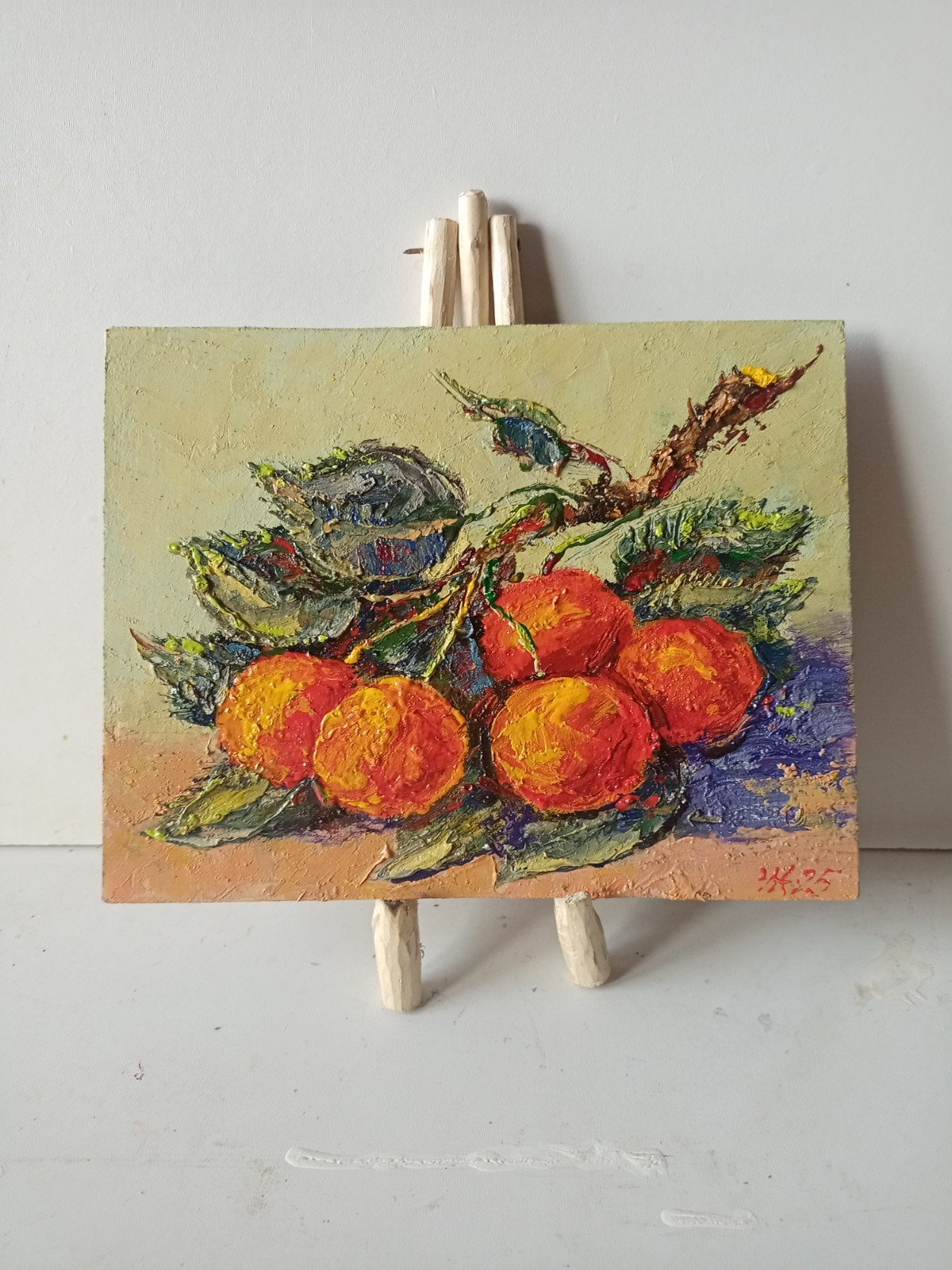 Cherries Impasto Painting Original Art Impression Oil Painting 6.1 x 7.8 in