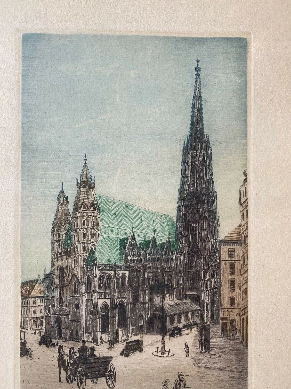 Stephansdom Vienna Austria Colored Etching Signed Antique Frame Carriage