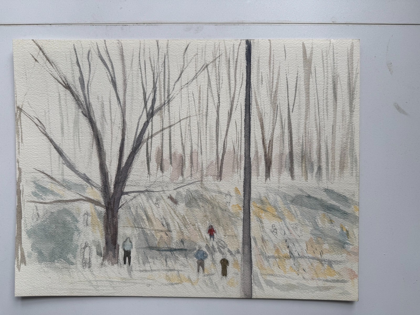 Vintage Watercolor Painting City Park Field Winter Landscape 13 x 10