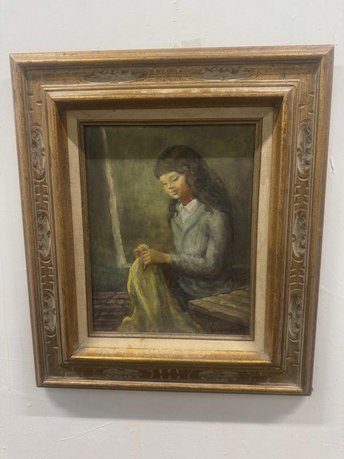 ORIGINAL QUALITY VINTAGE ART DEMURE GIRL DEWING SGND FRMD