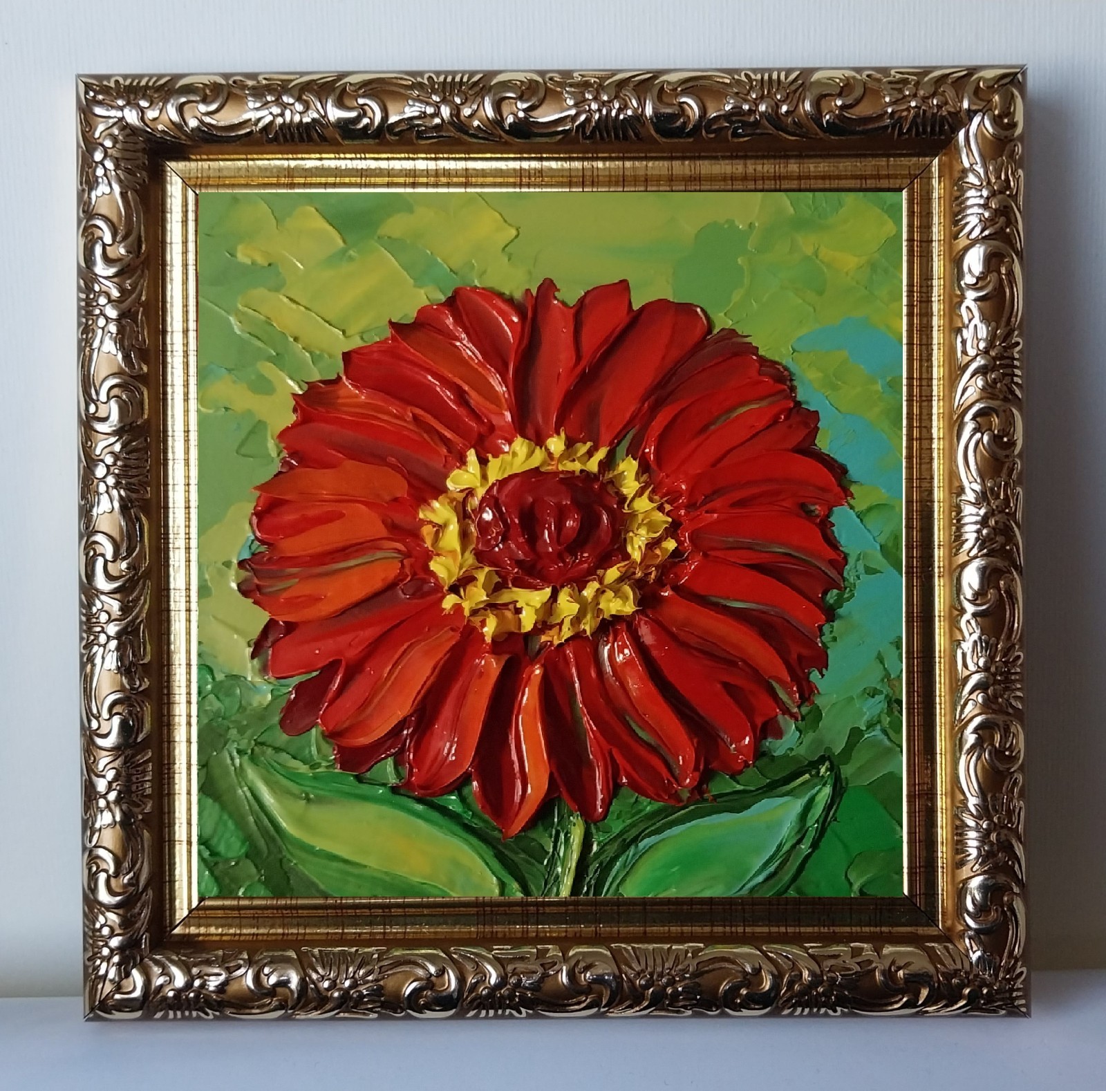 Framed Red Zinnia Art Garden Flowers Art 4×4 inch Impasto Oil Painting Original