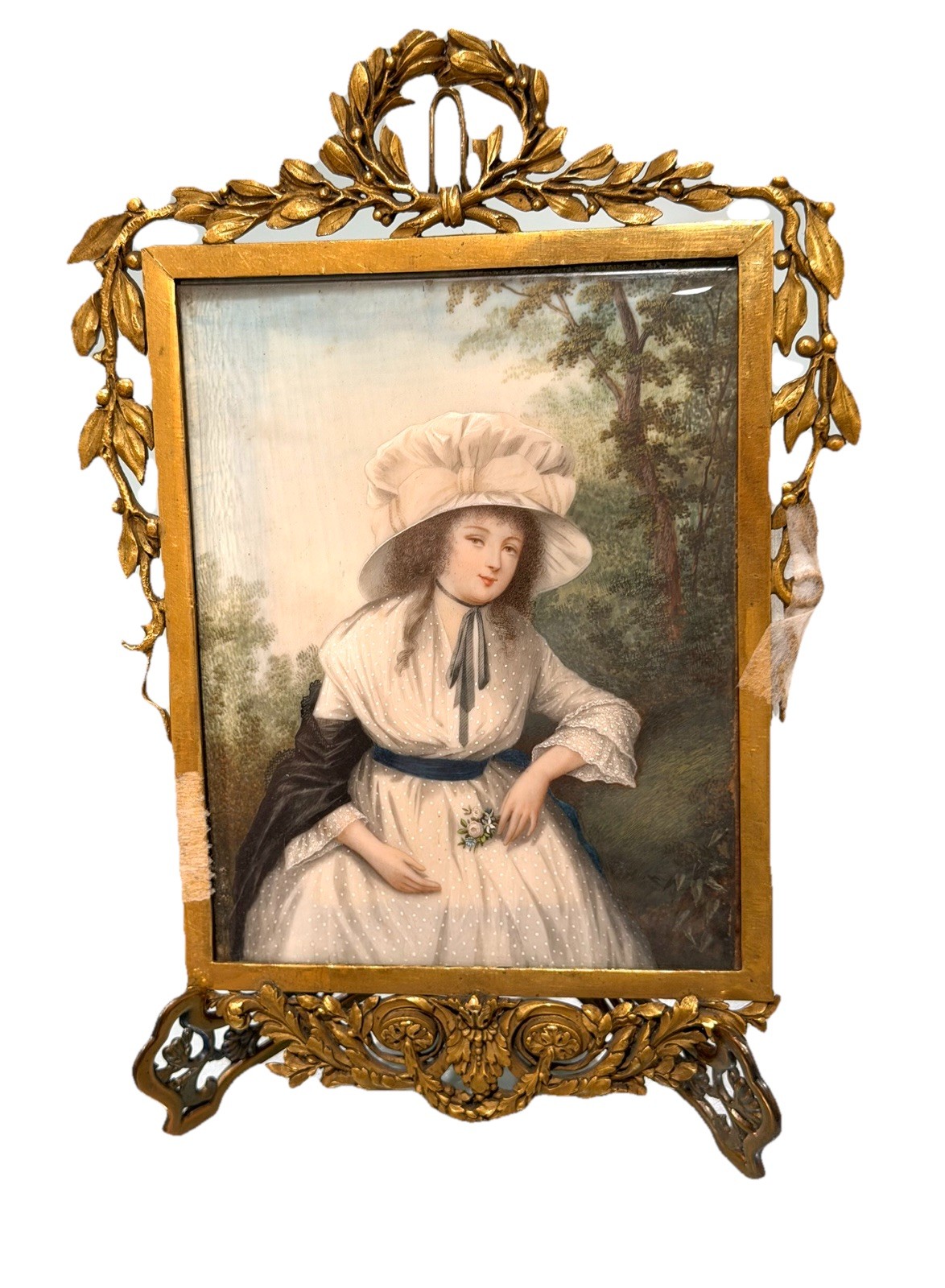 Antique England Mini Portrait Of Lucy Of Leinster Painting Ormolu Gold Frame