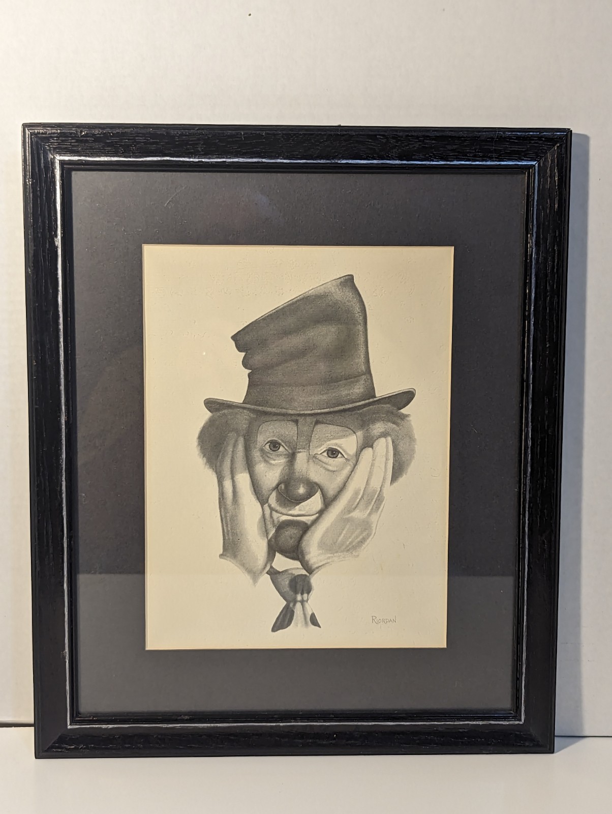 Vintage Charcoal Hobo Clown Portrait 12 x 15 Framed Signed By Artist Riordan.
