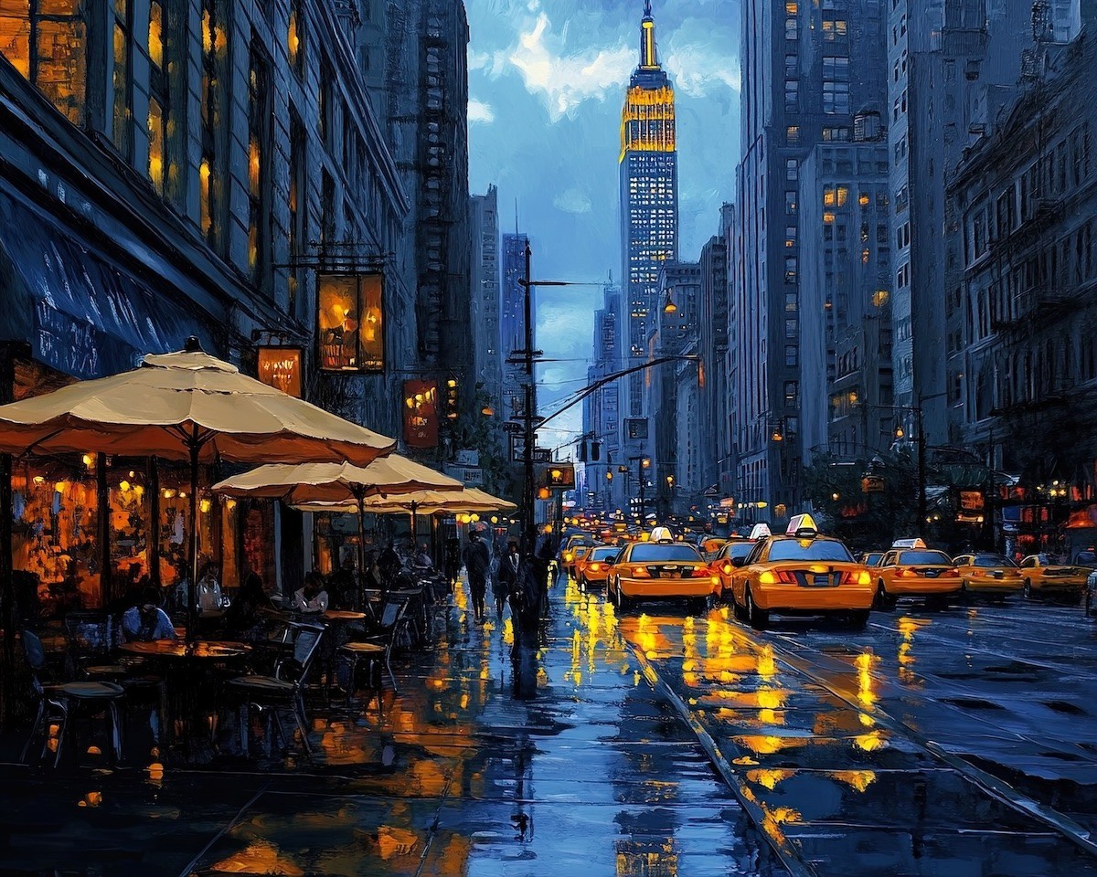 Leonid Afremov NEW YORK CAFE Oil Painting 30″x24″ by Official Studio GICLEE