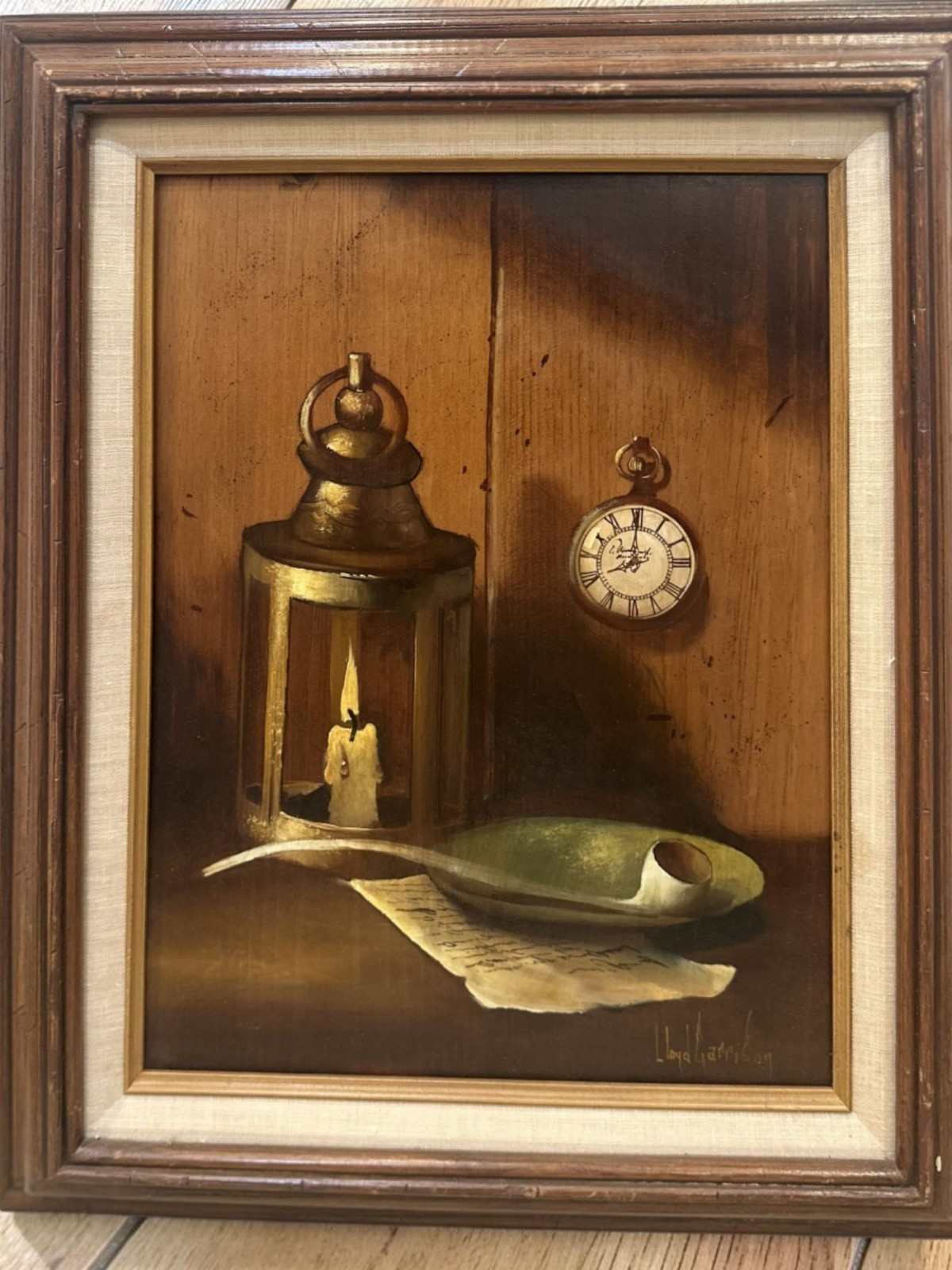 Framed Lloyd Garrison Original Oil Painting Still Life Lantern Pocket Watch