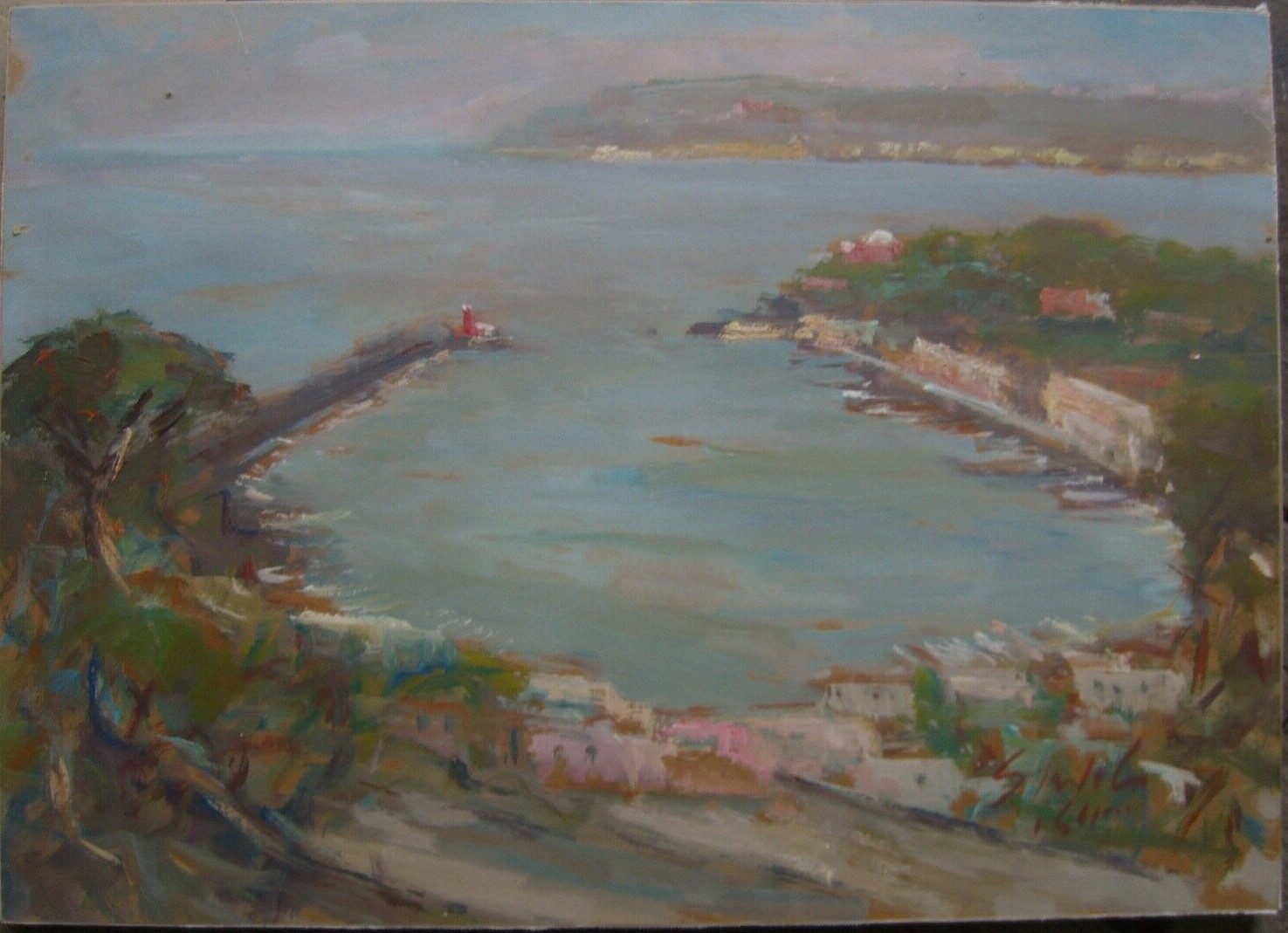 Small Oil Painting View South Sea Bay Village Boats Promenade Signed