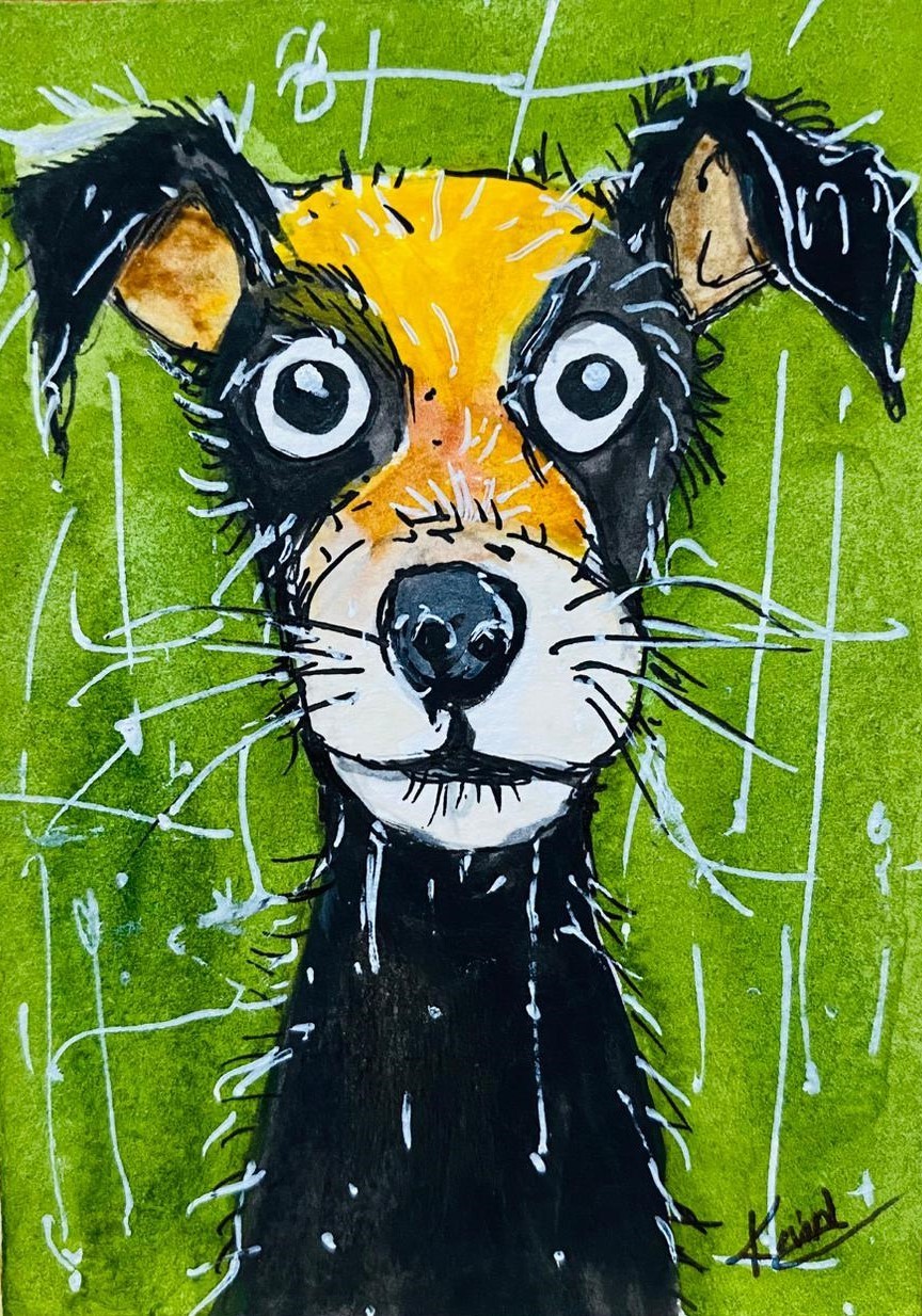 ACEO Whimsical Dog portrait Funny Cartoon Style Acrylic Painting Art Card NEW