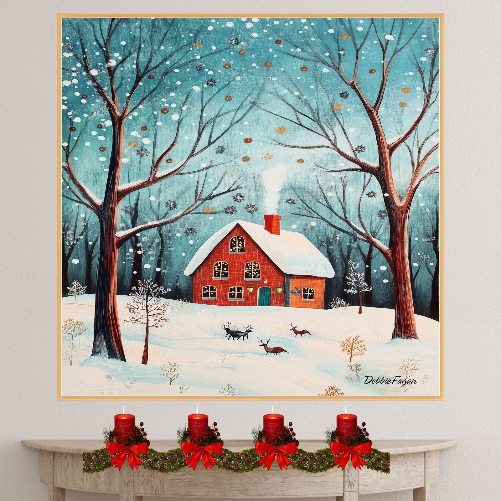 Christmas Red Brick House, Reindeer Flat Rolled, Framed or Wrapped Canvas