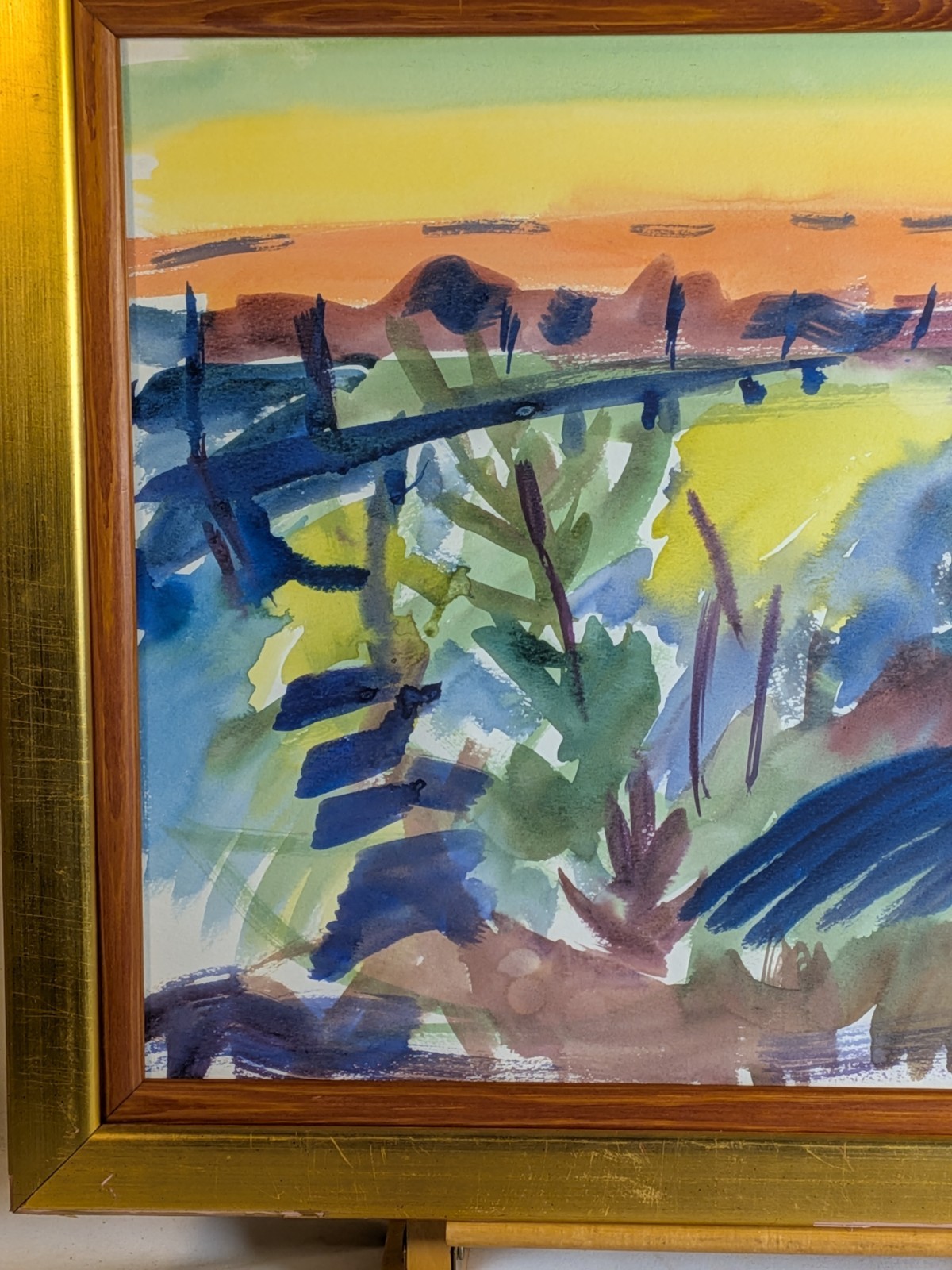 Vintage watercolor landscape painting abstract impressionist Jersey City Liberty