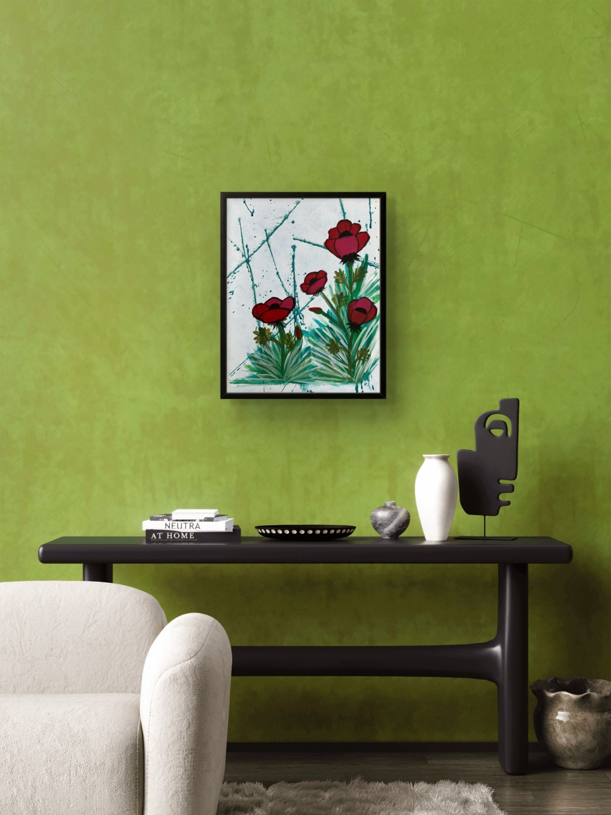 Original Minimalist 11×14 Acrylic Foral Canvas Signed Teal Red Painting