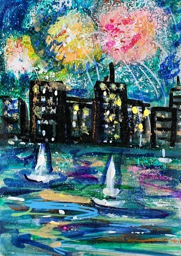 ACEO Original Painting FIREWORKS Summer CITY Buildings Ocean Boats Lights ART