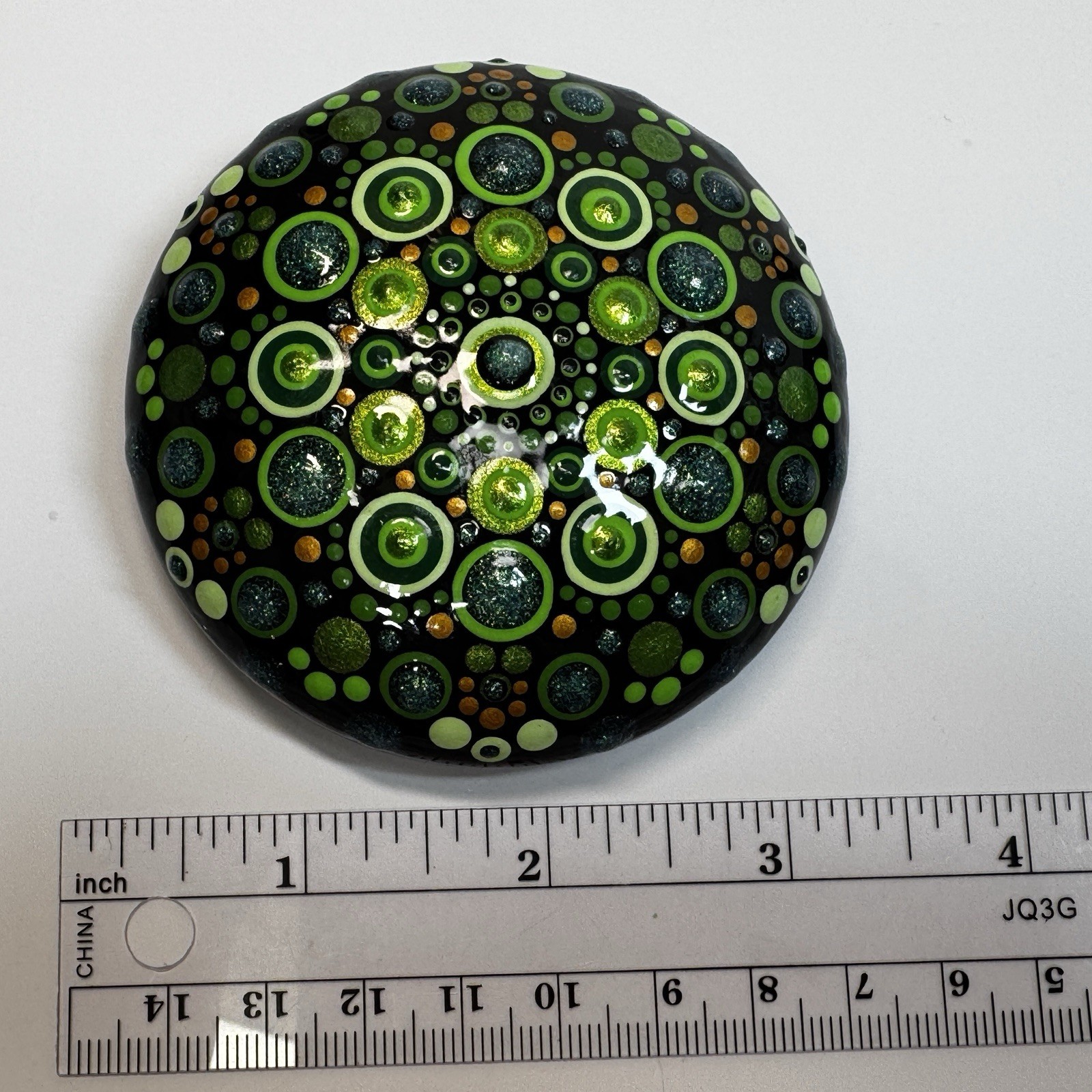 3” Emerald Oz Mandala Green – Hand Painted Handmade Stone – By JaDeL