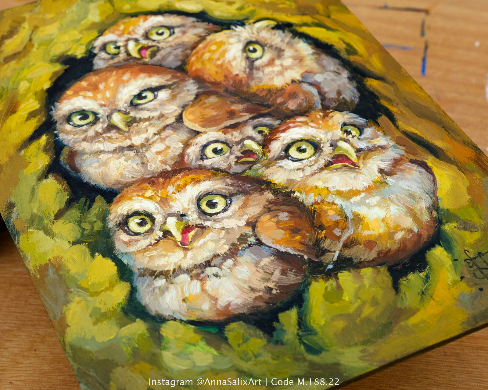 Original Cute Owlets Oil Painting, Small Birds Portrait Animals Impasto Wall Art