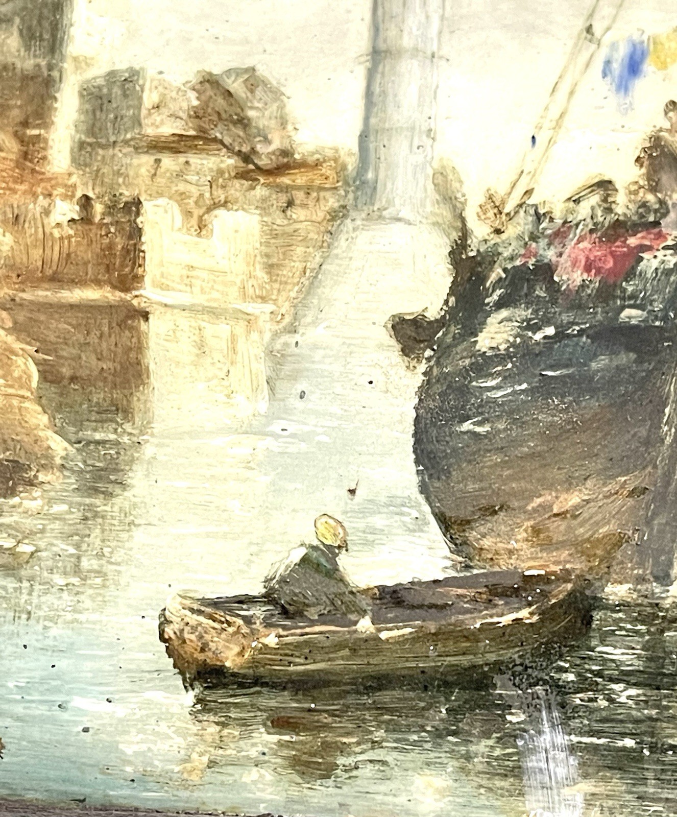 Antique Painting On Pottery Plaque Harbor Scene As Is