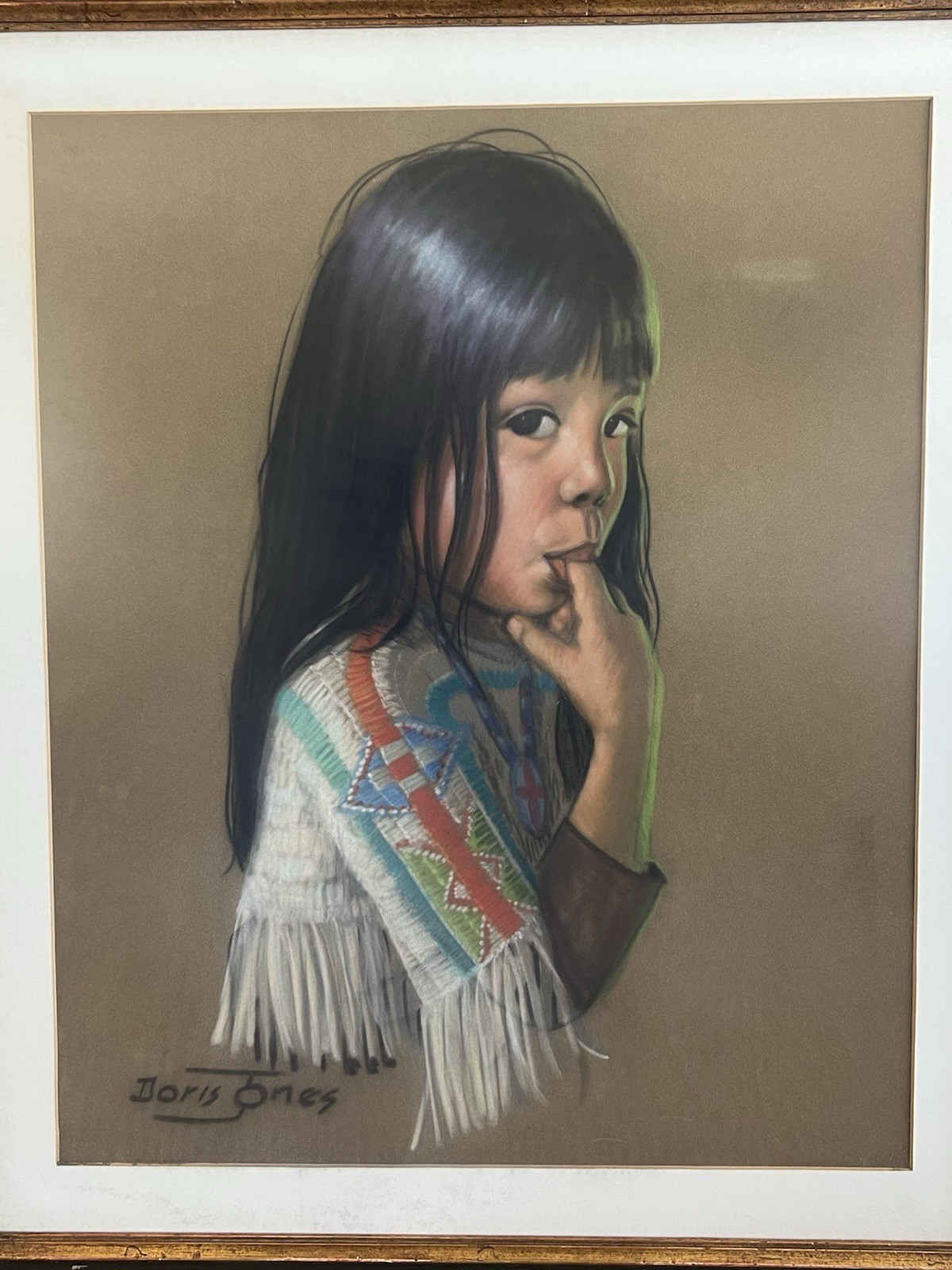 RARE VINTAGE NATIVE AMERICAN INDIAN CHILD PASTEL PAINTING By DORIS JONES