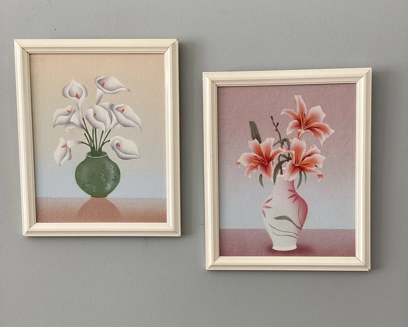 2 Vintage Framed Art Floral Still Life Painting Tiger & Peace Lily Set of 2