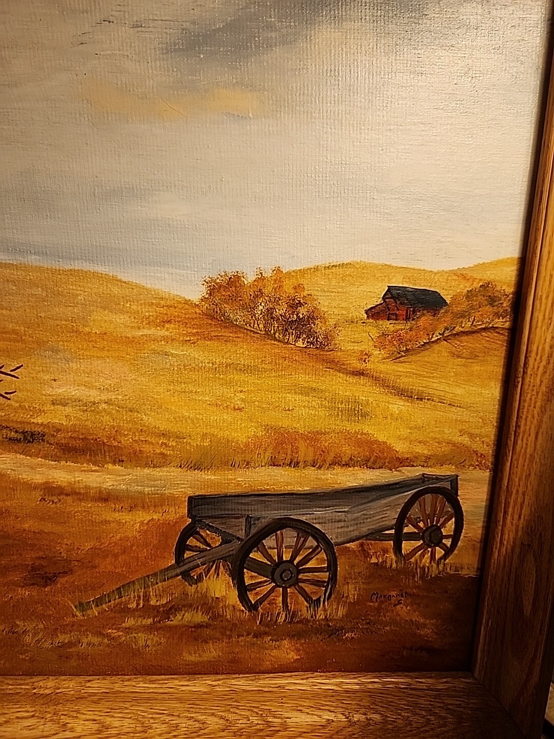 Vtg Wood FRAMED Painting Farm Still Life Wagon Rolling Hills Art Picture Signed