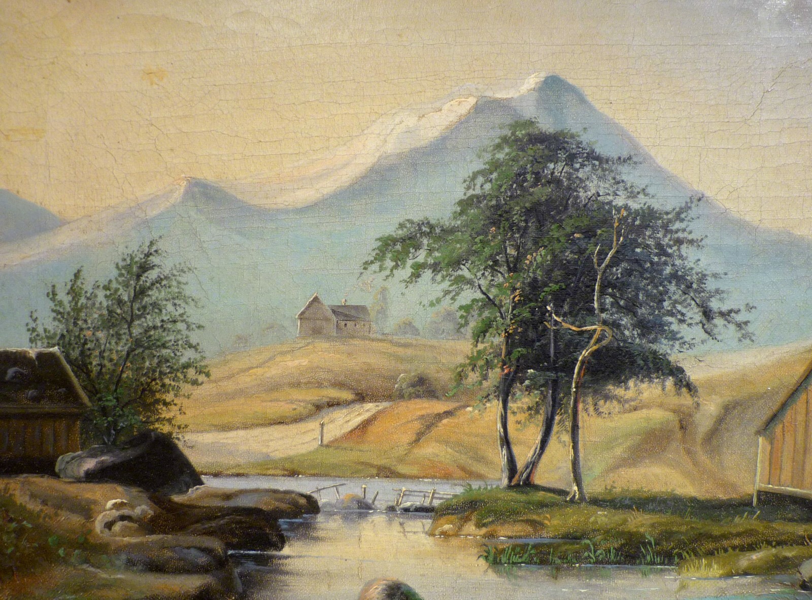 TROELS LUND! MOUNTAIN LANDSCAPE WITH HOUSE AT THE STREAM. PAINTED AROUND 1850