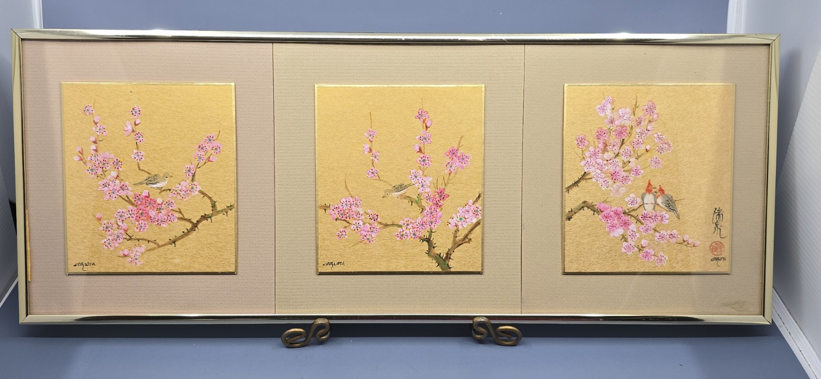 Vtg 3 Original Panel Cherry Blossoms & Birds Watercolor Paintings Framed