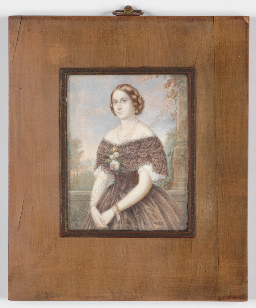 «Lady on a terrace», Continental School, large miniature, ca. 1850