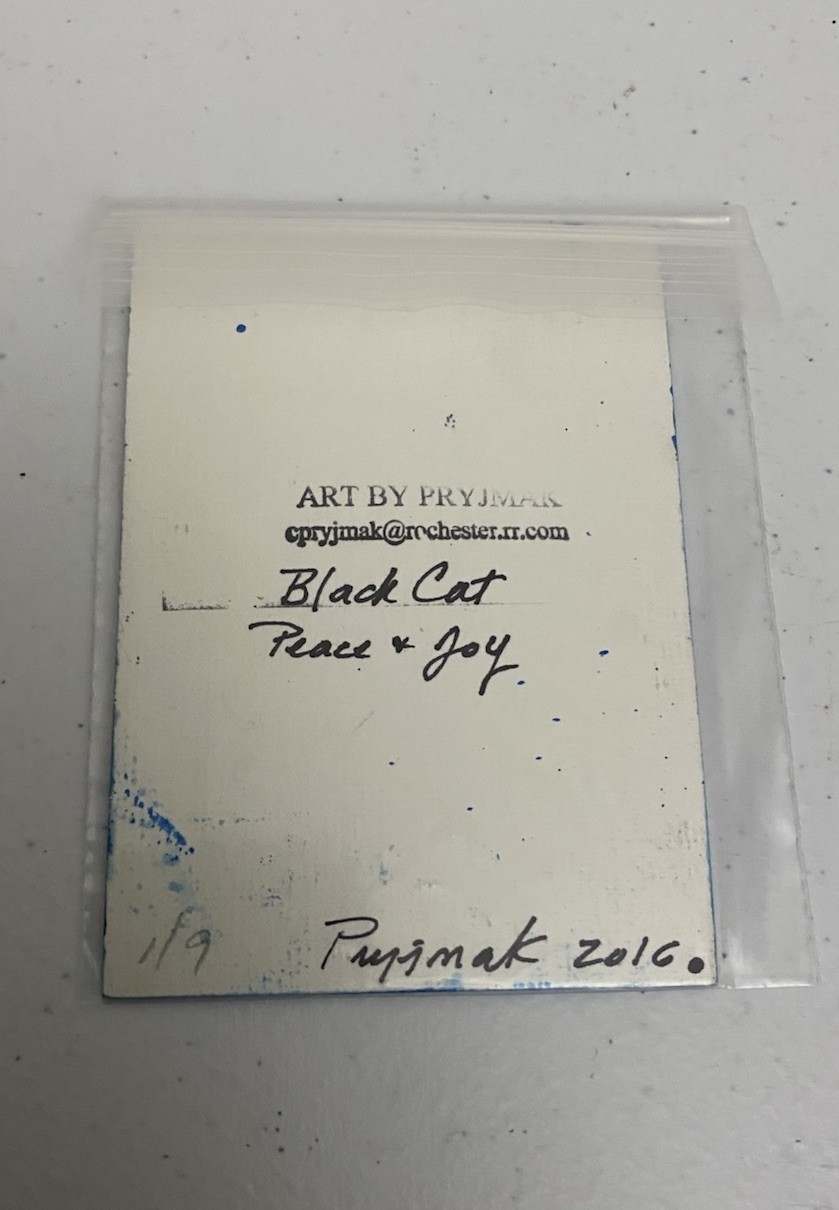 ACEO Original Pryjmak Painting Cat Black Cat Peace & Joy 2.5×3.5”