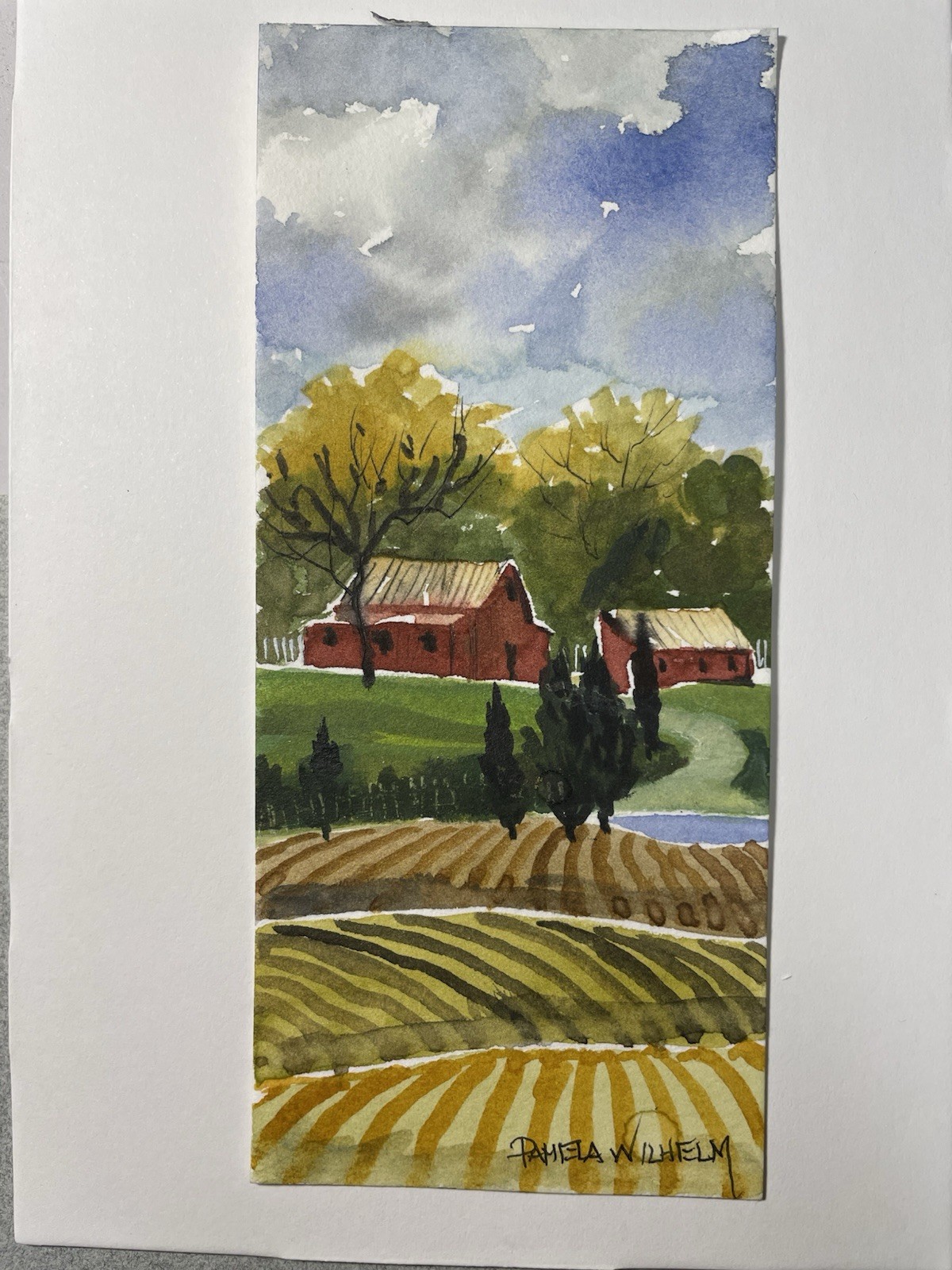 Pamela Wilhelm Original Watercolor 2.5”x6” Folk Art Style Barns Fields Trees Sky