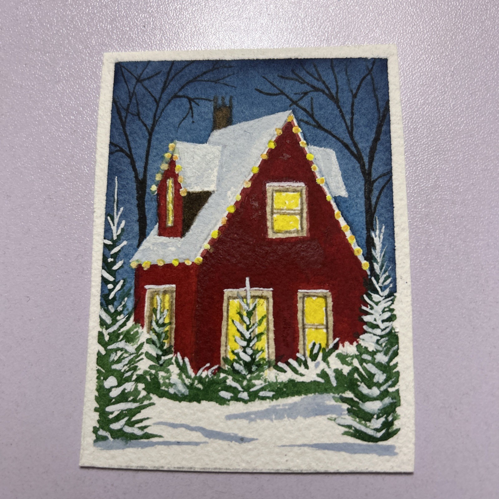 ACEO Art Card Original Watercolor Painting Hand Painted Winter Landscape Trees .