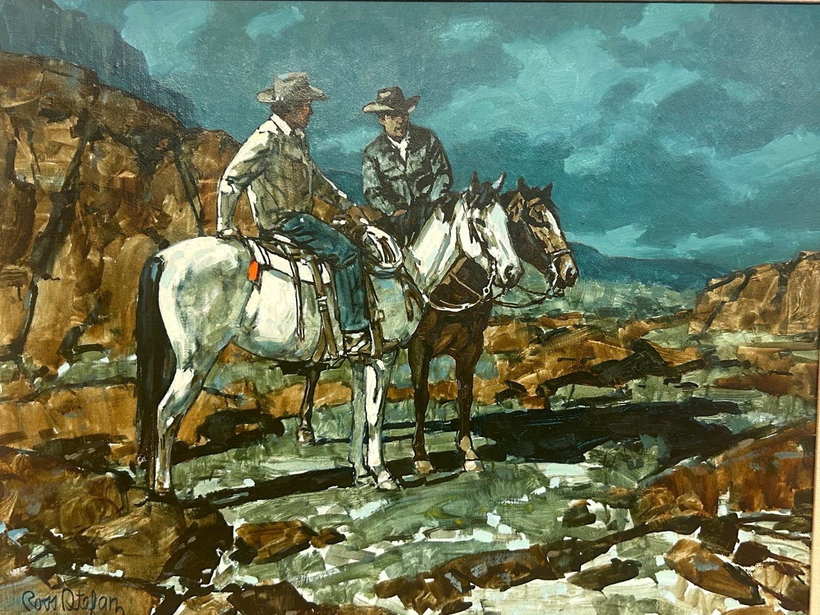 Original Ross Stefan Oil on Canvas «Night Herders» Western Cowboys Painting