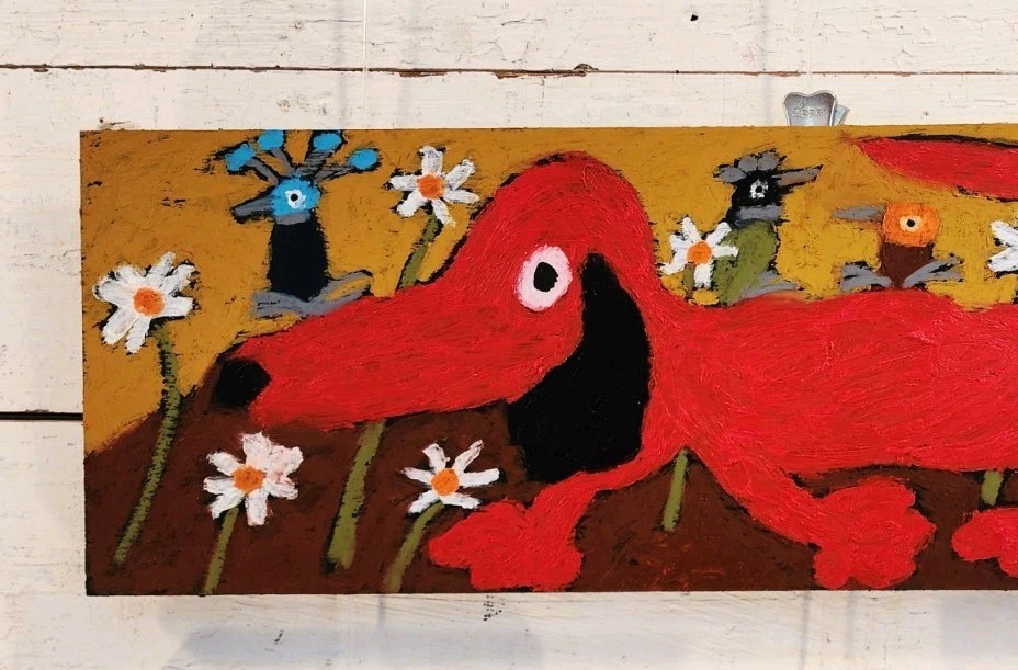 John Sperry Southern Primitive Folk Art Painting Bird Dog w/ Fleabirds