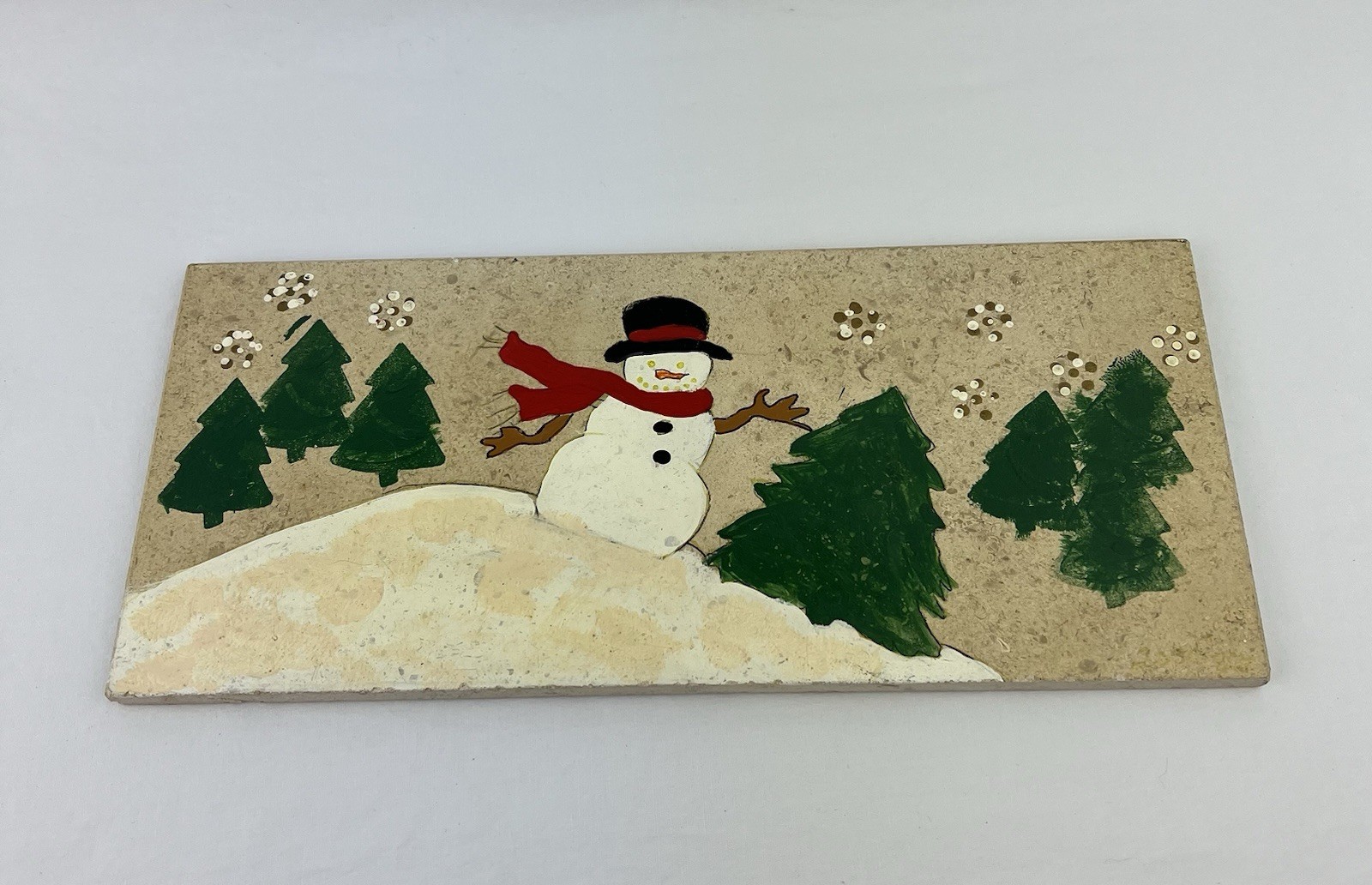 Hand Painted Snowman Snow Scene Ceramic Tile Art With Metal Stand 5.5”x12”