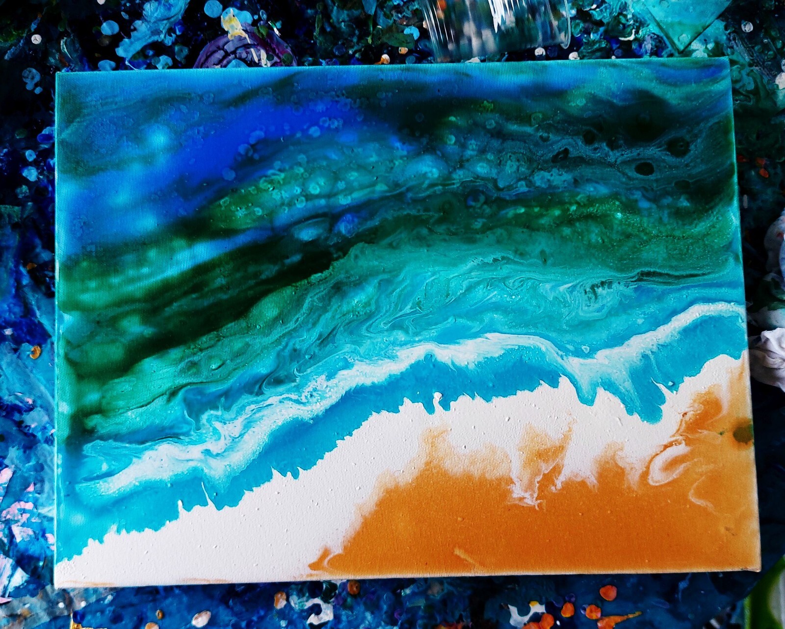 Original Fluid Art Ocean Wave Gold Miami Beach Sea Blue Wave Storm Wall Art