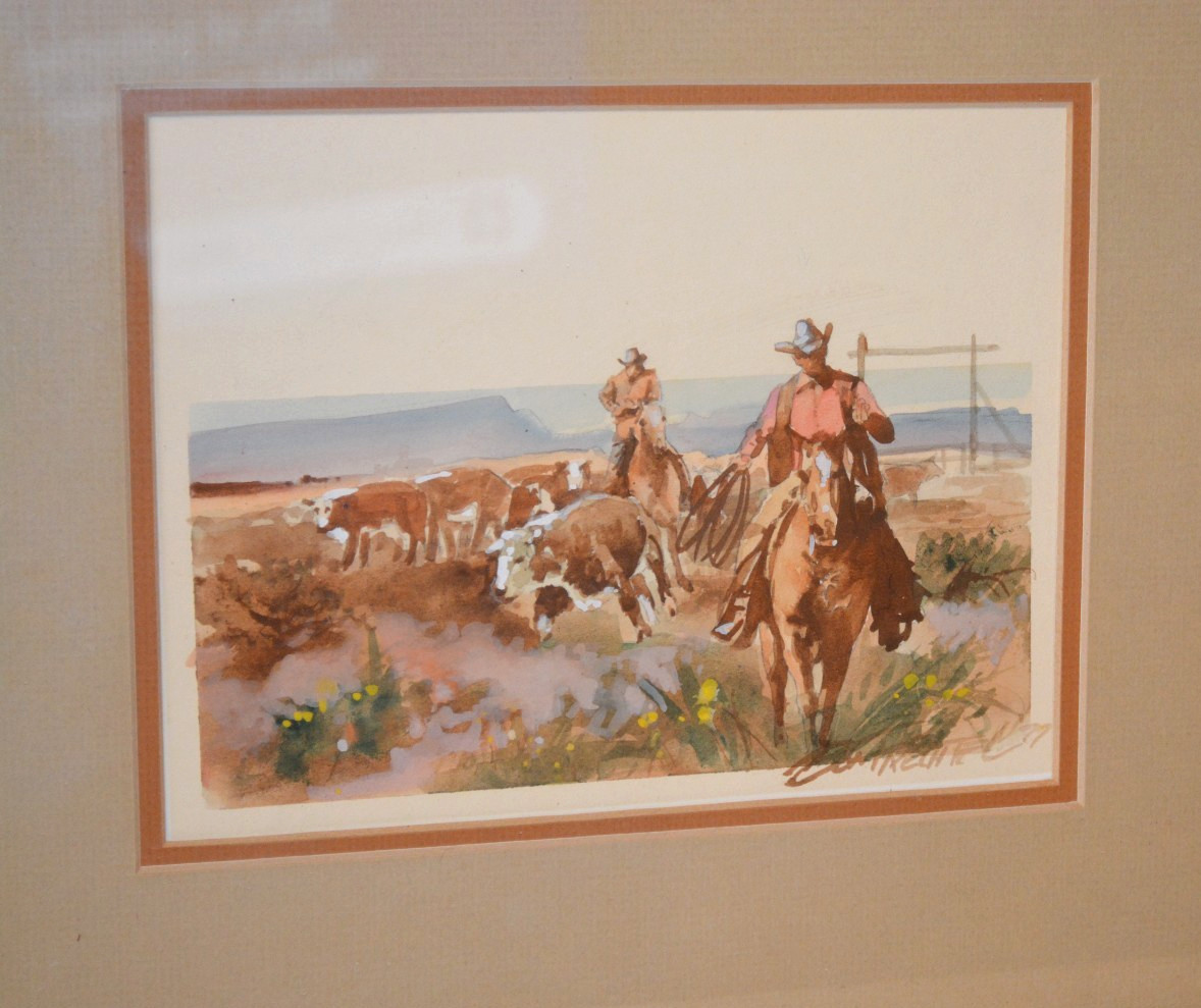 Bringing in the strays by cowboy, western artist Don Prechtel (1936 – 2024)