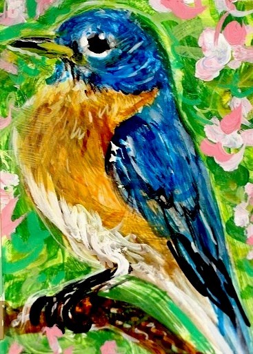 ORIGINAL ACEO PAINTING Eastern BLUEBIRD Spring Blue BIRD Flower Nature ATC ART