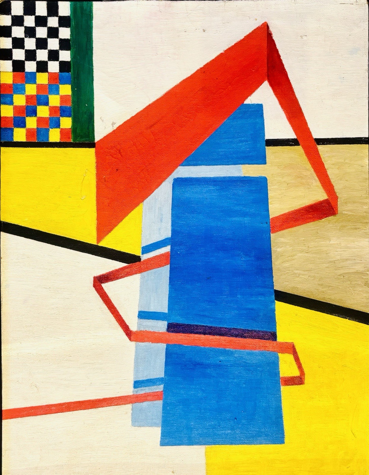 Vintage Mid-Century Geometric Abstract Oil Painting Constructivist Bauhaus Style