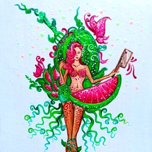 ACEO Original Abstract Fruit Lady UV Radiant Acrylic Pop Art Hand Paint NEW OOAK