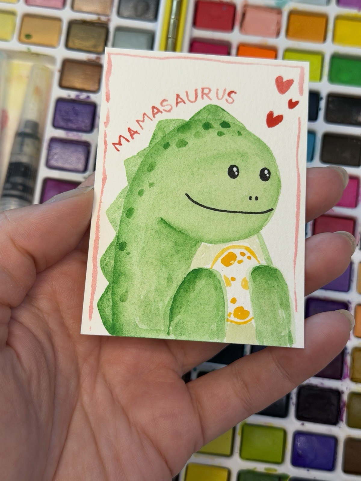 ACEO Original Watercolor Painting 2.5×3.5in – Mamasaurus – Mini Art