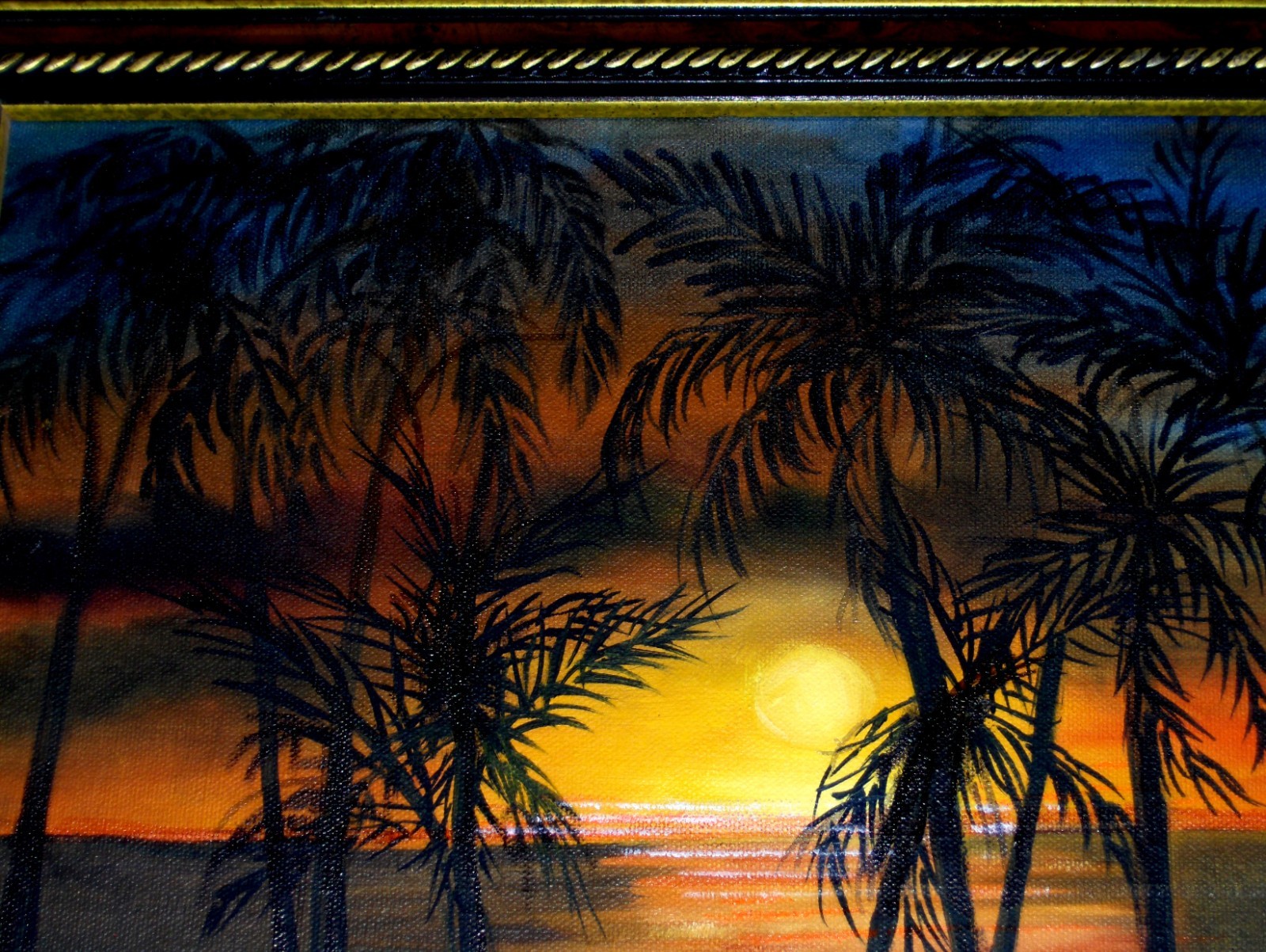 Lake Landscape Sunset Reflections Sea shore Palm Trees by Water Oil Painting