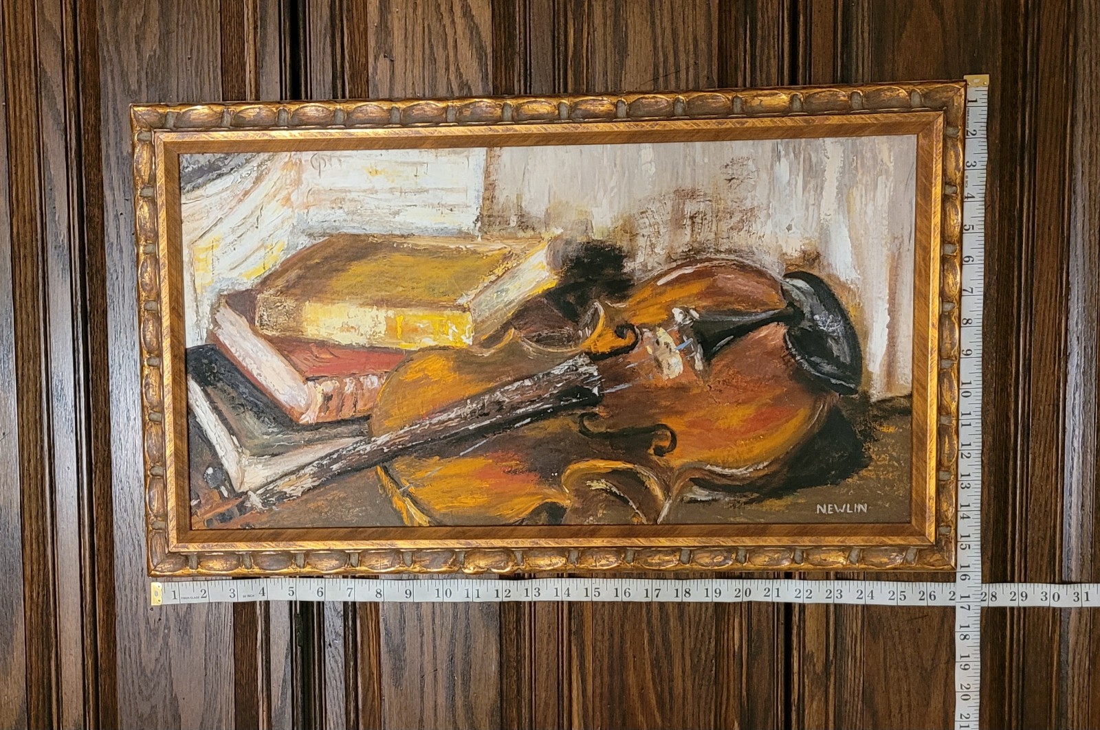Original Signed Painting Violin Resting on Books, Scalloped Gilt Frame, Newlin