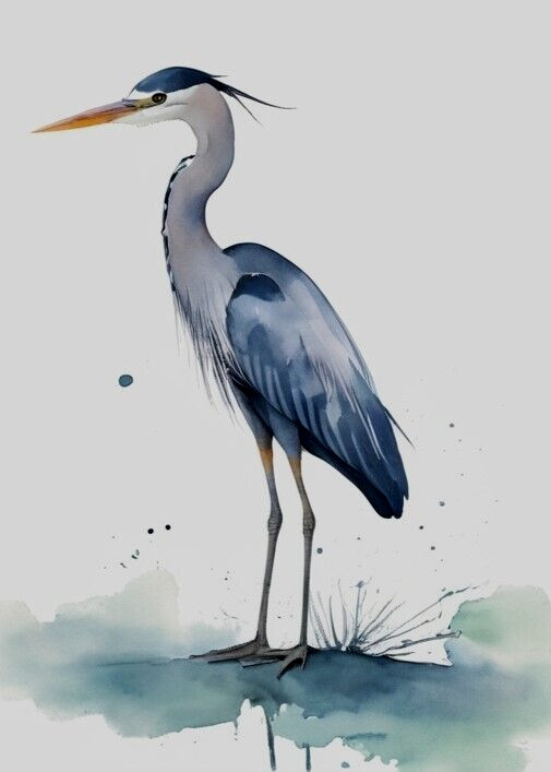 ACEO *PRINT* Mini Miniature Tiny Art Watercolor Blue Heron Water Bird by Saulite