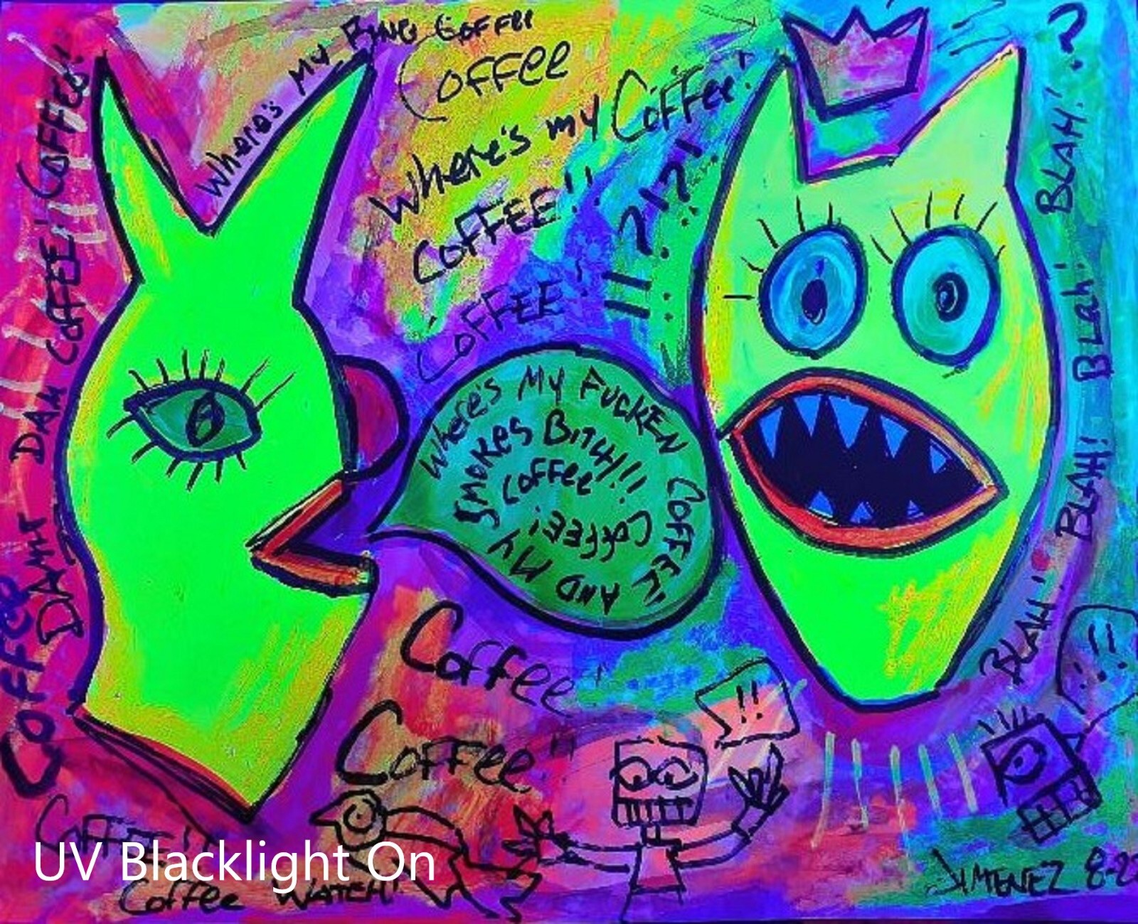 original outsider art, fluorescent uv painting, bad dog sign 20+ languages