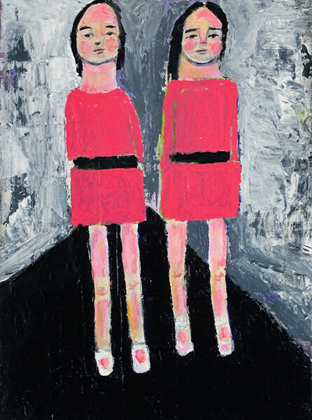 Twins Girls Figure Painting Children Walking to School Pink & Gray Art Miz Katie